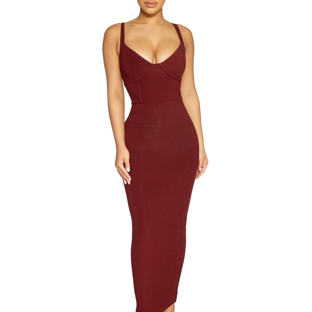 NWT Wine Baby Snatched NAKED WARDROBE BodyCon Midi Dress XS Burgundy Bustier xxs - Picture 1 of 9